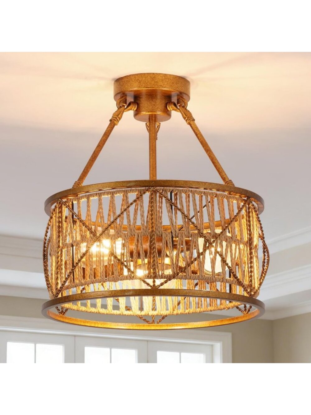 Hand Woven Antique Brass 3-Light Ceiling Light, Bohemian Rattan Chandelier for